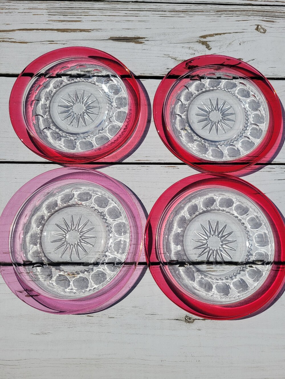 Vintage King's Crown Ruby Flashed Rim Starburst Glass Bread Salad Plates (4)